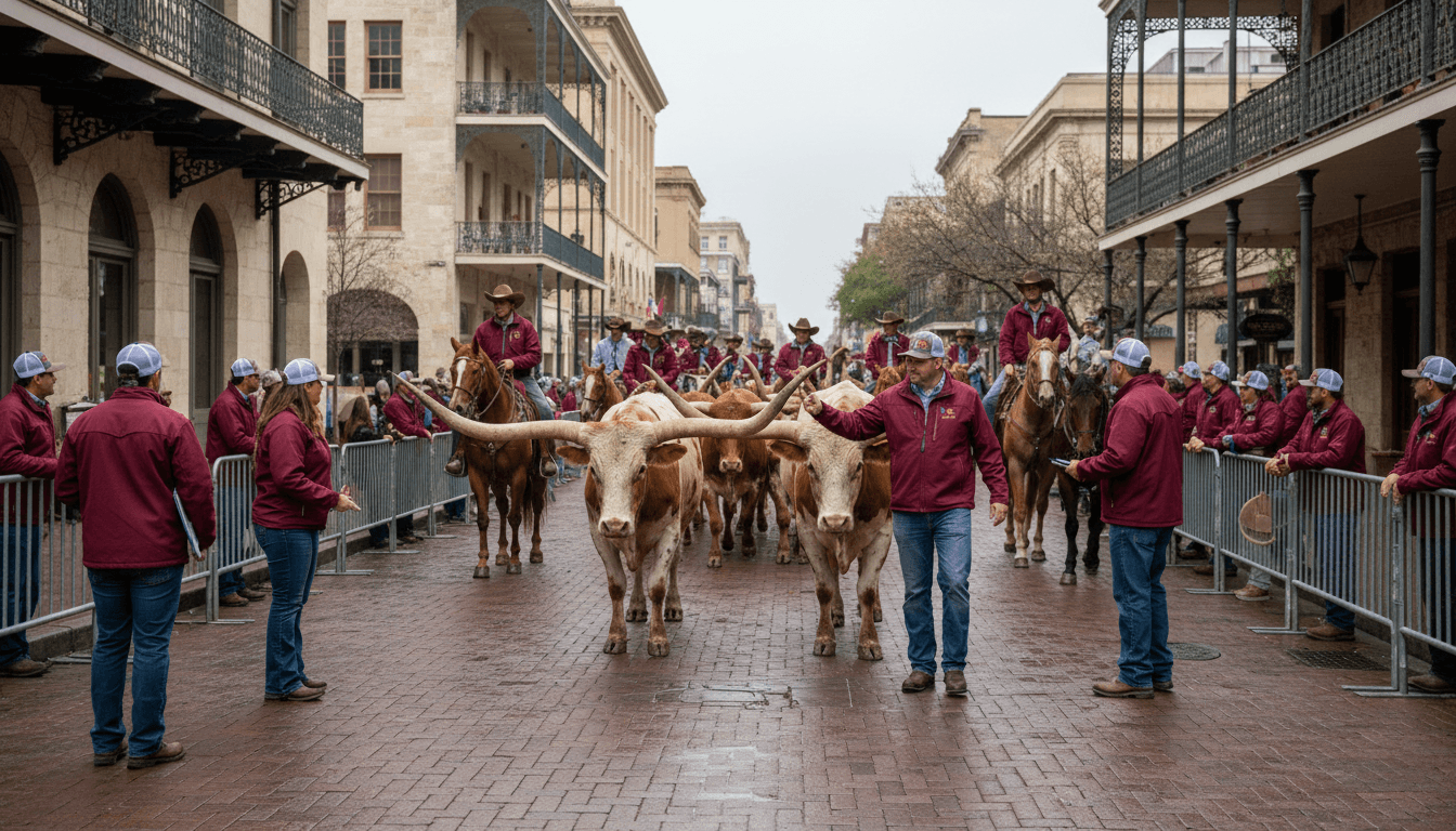 Volunteers wearing branded western caps, soft-shell jackets, and logo polos managing longhorn cattle and mounted riders on a downtown San Antonio street during